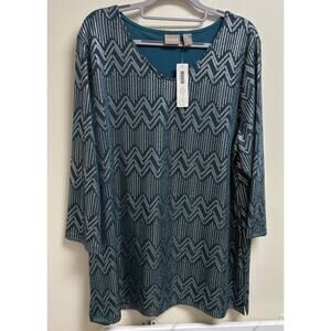 Chico’s Size 3 XL Jazlyn Chevron Foil Tunic Top Refined Teal NWT Blouse